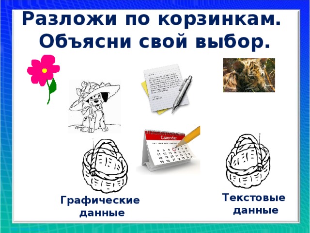 Разложи по корзинкам.  Объясни свой выбор. Текстовые  данные Графические  данные