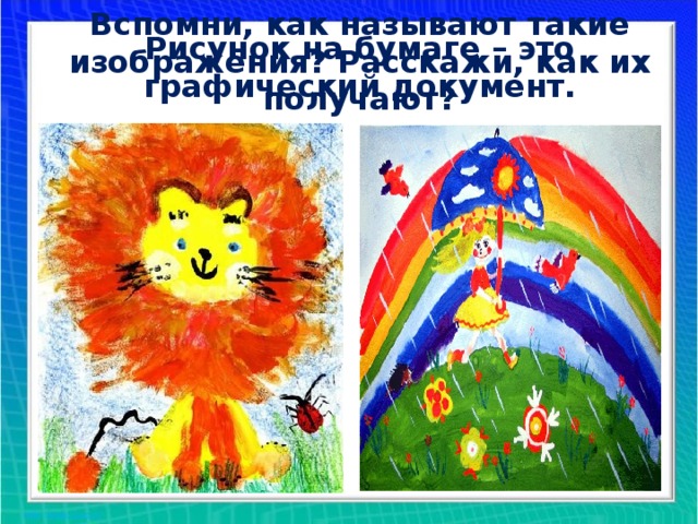 Вспомни, как называют такие изображения? Расскажи, как их получают? Рисунок на бумаге – это графический документ.
