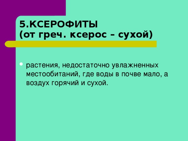 5.КСЕРОФИТЫ  (от греч. ксерос – сухой) растения, недостаточно увлажненных местообитаний, где воды в почве мало, а воздух горячий и сухой.  