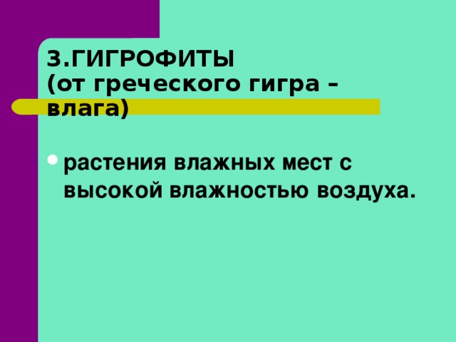 3.ГИГРОФИТЫ  (от греческого гигра – влага) растения влажных мест с высокой влажностью воздуха.  