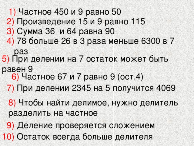 1) Частное 450 и 9 равно 50 2) Произведение 15 и 9 равно 115 2) Произведение 15 и 9 равно 115 3) Сумма 36 и 64 равна 90 4) 78 больше 26 в 3 раза меньше 6300 в 7 раз 5) При делении на 7 остаток может быть равен 9 6) Частное 67 и 7 равно 9 (ост.4) 7) При делении 2345 на 5 получится 4069 8) Чтобы найти делимое, нужно делитель разделить на частное 9) Деление проверяется сложением 10) Остаток всегда больше делителя 