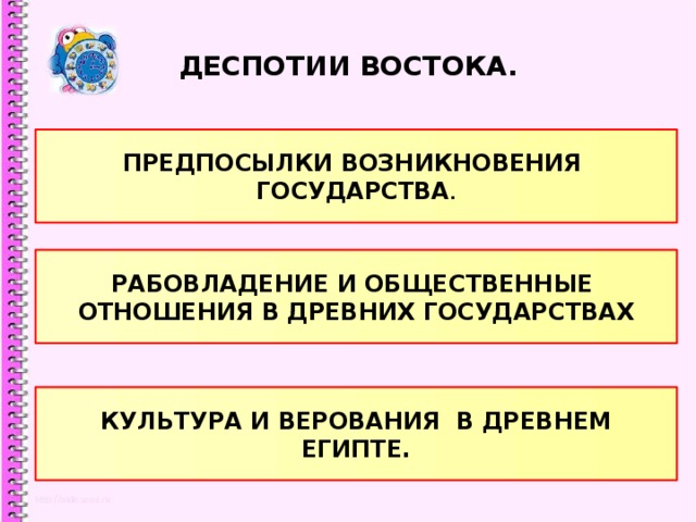 ДЕСПОТИИ ВОСТОКА. ПРЕДПОСЫЛКИ ВОЗНИКНОВЕНИЯ ГОСУДАРСТВА . РАБОВЛАДЕНИЕ И ОБЩЕСТВЕННЫЕ ОТНОШЕНИЯ В ДРЕВНИХ ГОСУДАРСТВАХ КУЛЬТУРА И ВЕРОВАНИЯ В ДРЕВНЕМ ЕГИПТЕ. 