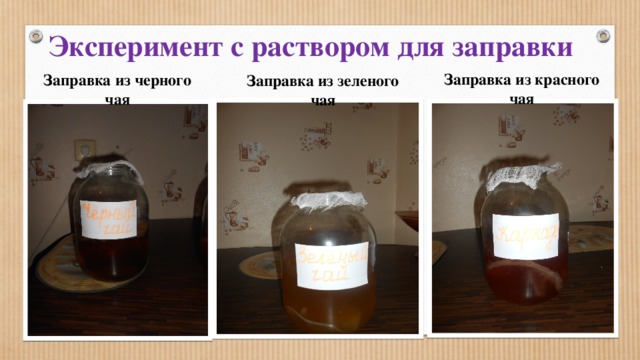  Эксперимент с раствором для заправки Заправка из красного чая Заправка из черного чая Заправка из зеленого чая  