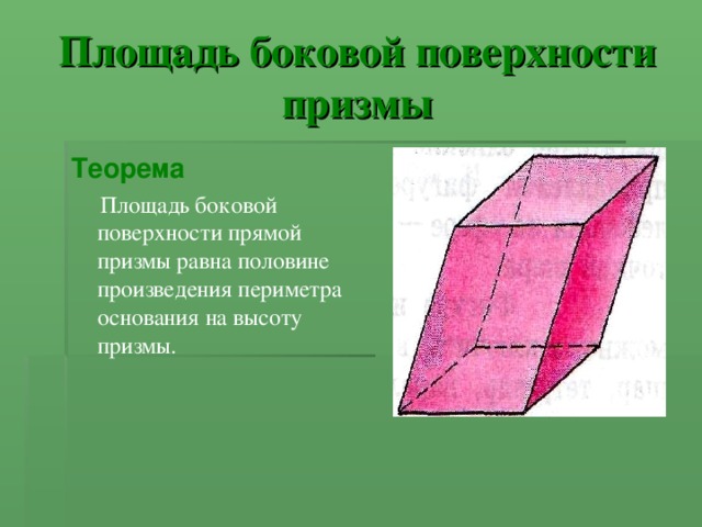 Площадь боковой поверхности призмы Теорема  Площадь боковой поверхности прямой призмы равна половине произведения периметра основания на высоту призмы. 