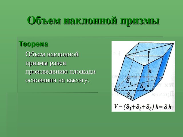 Объем наклонной призмы Теорема  Объем наклонной призмы равен произведению площади основания на высоту. 