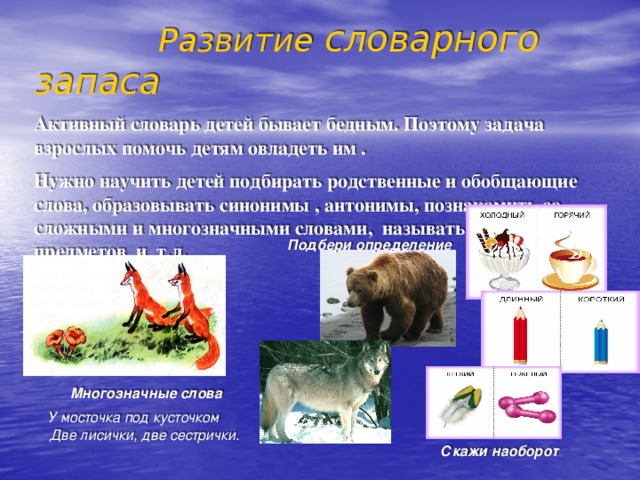     Развитие словарного запаса Активный словарь детей бывает бедным. Поэтому задача взрослых помочь детям овладеть им . Нужно научить детей подбирать родственные и обобщающие слова, образовывать синонимы , антонимы, познакомить со сложными и многозначными словами, называть признаки предметов и т.д.     Подбери определение Многозначные слова У мосточка под кусточком Две лисички, две сестрички.  Скажи наоборот 