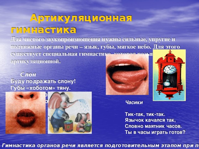  Артикуляционная гимнастика Для чистого звукопроизношения нужны сильные, упругие и подвижные органы речи – язык, губы, мягкое небо. Для этого существует специальная гимнастика, которая называется артикуляционной.   Слон Буду подражать слону! Губы «хоботом» тяну. А теперь их отпускаю И на место возвращаю.      Часики Тик-так, тик-так. Язычок качался так, Словно маятник часов. Ты в часы играть готов? Гимнастика органов речи является подготовительным этапом при постановке звуков. 