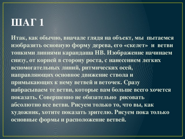 ШАГ 1 Итак, как обычно, вначале глядя на объект, мы пытаемся изобразить основную форму дерева, его «скелет» и ветви тонкими линиями карандаша HB. Изображение начинаем снизу, от корней в сторону роста, с нанесением легких вспомогательных линий, ритмических осей, направляющих основное движение ствола и примыкающих к нему ветвей и веточек. Сразу набрасываем те ветви, которые вам больше всего хочется показать. Совершенно не обязательно рисовать абсолютно все ветви. Рисуем только то, что вы, как художник, хотите показать зрителю. Рисуем пока только основные формы и расположение ветвей.  