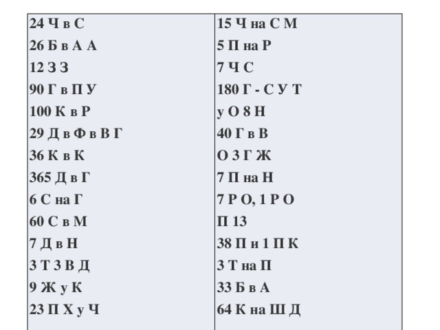 24 Ч в С  26 Б в А А  12 З З  90 Г в П У  100 К в Р  29 Д в Ф в В Г  36 К в К  365 Д в Г  6 С на Г  60 С в М  7 Д в Н  3 Т 3 В Д  9 Ж у К  23 П Х у Ч    15 Ч на С М  5 П на Р  7 Ч С  180 Г - С У Т  у О 8 Н  40 Г в В  О 3 Г Ж  7 П на Н  7 Р О, 1 Р О  П 13  38 П и 1 П К  3 Т на П  33 Б в А  64 К на Ш Д 