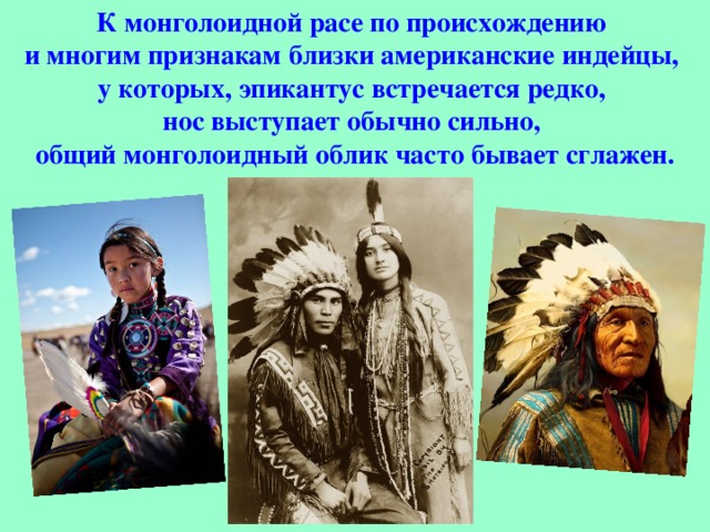 К монголоидной расе по происхождению и многим признакам близки американские индейцы, у которых, эпикантус встречается редко, нос выступает обычно сильно, общий монголоидный облик часто бывает сглажен. 
