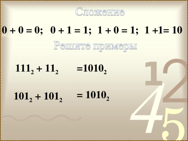 0 + 0 = 0; 0 + 1 = 1; 1 + 0 = 1; 1 +1= 10 111 2 + 11 2 =1010 2 = 1010 2 101 2 + 101 2 