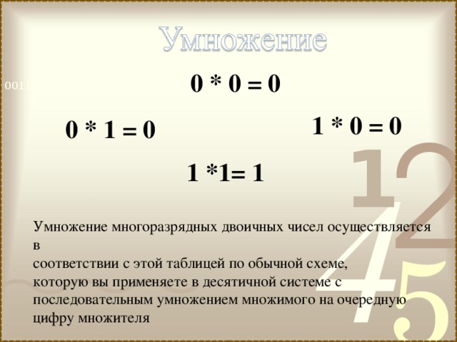 0 * 0 = 0 1 * 0 = 0 0 * 1 = 0 1 *1= 1 Умножение многоразрядных двоичных чисел осуществляется в  соответствии с этой таблицей по обычной схеме,  которую вы применяете в десятичной системе с последовательным умножением множимого на очередную цифру множителя 