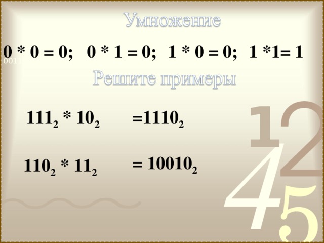 0 * 0 = 0; 0 * 1 = 0; 1 * 0 = 0; 1 *1= 1 111 2 * 10 2 =1110 2 = 10010 2 110 2 * 11 2 