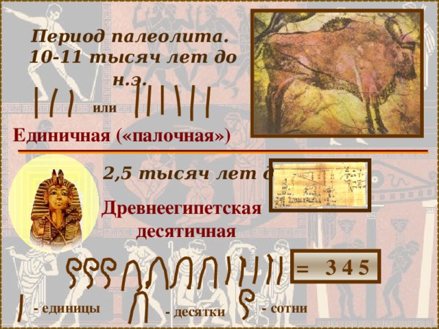 Период палеолита. 10-11 тысяч лет до н.э.  или Единичная («палочная»)  2,5 тысяч лет до н.э.  Древнеегипетская  десятичная  = 3 4 5  - сотни - единицы - десятки 