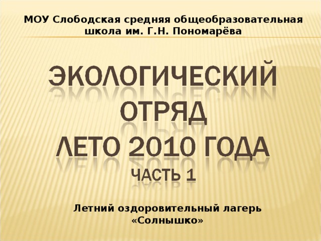 МОУ Слободская средняя общеобразовательная школа им. Г.Н. Пономарёва Летний оздоровительный лагерь «Солнышко»