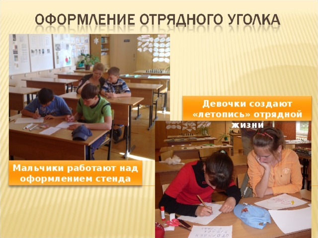 Девочки создают «летопись» отрядной жизни Мальчики работают над оформлением стенда