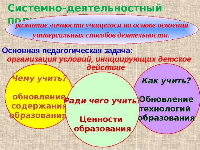 Системно-деятельностный подход  развитие личности учащегося на основе освоения универсальных способов деятельности .  Основная педагогическая задача: организация условий, инициирующих детское действие Как учить?  Обновление технологий образования  Чему учить?  обновление содержания образования     Ради чего учить ?  Ценности образования  