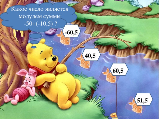 Какое число является модулем суммы  -50+(-10,5) ? -60,5 40,5 60,5 51,5 