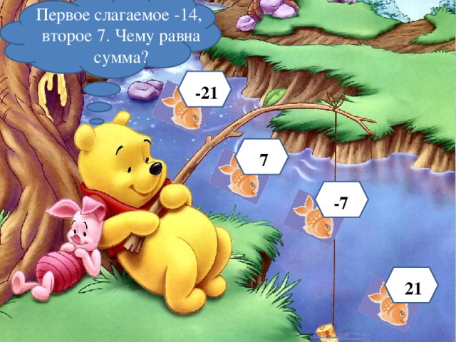 Первое слагаемое -14, второе 7. Чему равна сумма? -21   7   -7 21 