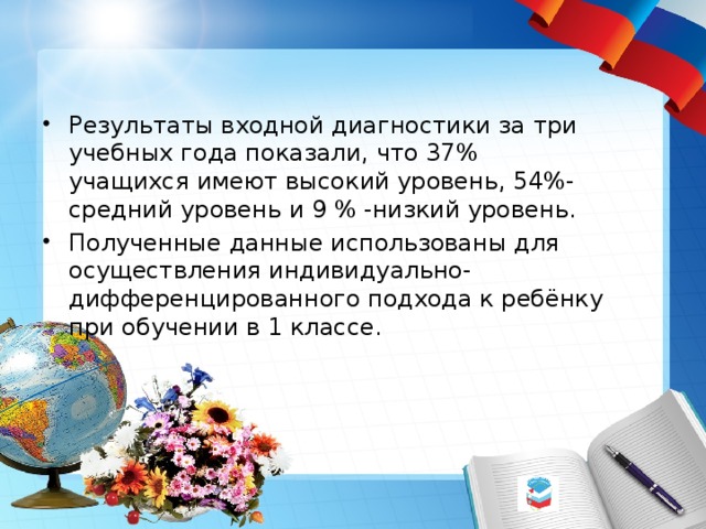 Результаты входной диагностики за три учебных года показали, что 37% учащихся имеют высокий уровень, 54%- средний уровень и 9 % -низкий уровень. Полученные данные использованы для осуществления индивидуально-дифференцированного подхода к ребёнку при обучении в 1 классе. 