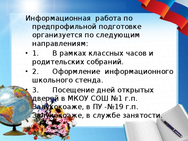 Информационная работа по предпрофильной подготовке организуется по следующим направлениям: 1.      В рамках классных часов и родительских собраний. 2.      Оформление информационного школьного стенда. 3.      Посещение дней открытых дверей в МКОУ СОШ №1 г.п. Залукокоаже, в ПУ -№19 г.п. Залукокоаже, в службе занятости. 