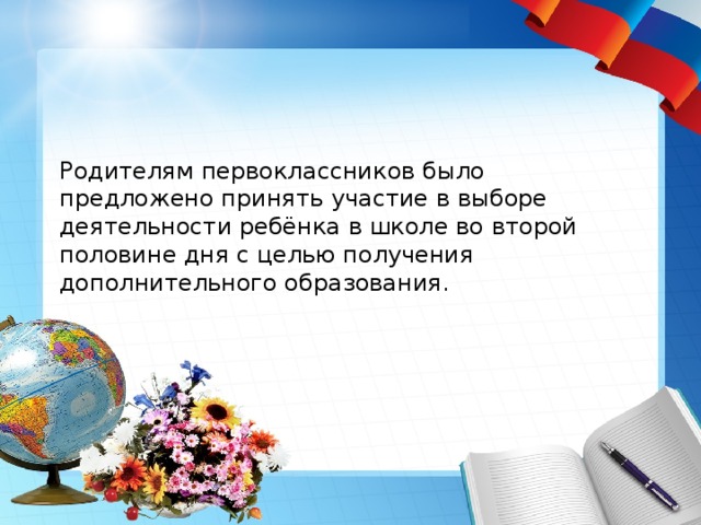 Родителям первоклассников было предложено принять участие в выборе деятельности ребёнка в школе во второй половине дня с целью получения дополнительного образования. 