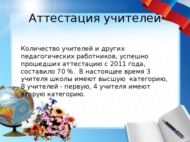 Аттестация учителей Количество учителей и других педагогических работников, успешно прошедших аттестацию с 2011 года, составило 70 %. В настоящее время 3 учителя школы имеют высшую категорию, 8 учителей - первую, 4 учителя имеют вторую категорию. 