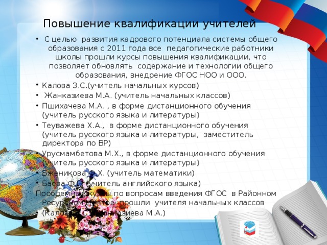 Повышение квалификации учителей С целью развития кадрового потенциала системы общего образования с 2011 года все педагогические работники школы прошли курсы повышения квалификации, что позволяет обновлять содержание и технологии общего образования, внедрение ФГОС НОО и ООО. Калова З.С.(учитель начальных курсов)  Жанказиева М.А. (учитель начальных классов) Пшихачева М.А. , в форме дистанционного обучения (учитель русского языка и литературы) Теуважева Х.А., в форме дистанционного обучения (учитель русского языка и литературы, заместитель директора по ВР) Урусмамбетова М.Х., в форме дистанционного обучения (учитель русского языка и литературы) Бженикова Ф.Х. (учитель математики) Баева Ф.Г. (учитель английского языка) Проблемные курсы по вопросам введения ФГОС в Районном Ресурсном Центре прошли учителя начальных классов (Калова З.С., Жанказиева М.А.) 
