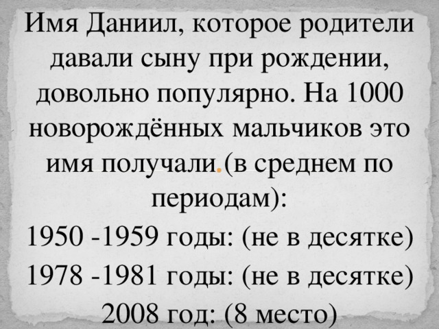 Имя Даниил, которое родители давали сыну при рождении, довольно популярно. На 1000 новорождённых мальчиков это имя получали (в среднем по периодам): 1950  -1959 годы: (не в десятке) 1978  -1981 годы: (не в десятке) 2008 год: (8 место)