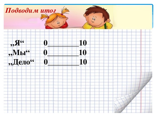 Подводим итог „ Я“  0________10  „ Мы“ 0________10  „ Дело“  0________10 