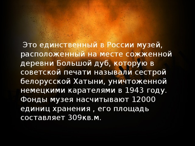  Это единственный в России музей, расположенный на месте сожженной деревни Большой дуб, которую в советской печати называли сестрой белорусской Хатыни, уничтоженной немецкими карателями в 1943 году. Фонды музея насчитывают 12000 единиц хранения , его площадь составляет 309кв.м. 