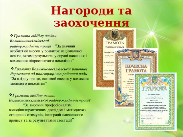 Нагороди та заохочення Грамота відділу освіти Великоновосілківської райдержадміністрації  “ За значний особистий внесок у розвиток національної освіти, вагомі результати у справі навчання і виховання підростаючого покоління” Грамота Великоновосілківської районної державної адміністрації та районної ради “За плідну працю, вагомий внесок у вихованя молодого покоління” Грамота відділу освіти Великоновосілківської райдержадміністрації “За високий професіоналізм, володінняпрактичним досвідом і методикою створення стимулів, інтеграції навчального процесу та за результатами атестації ” 