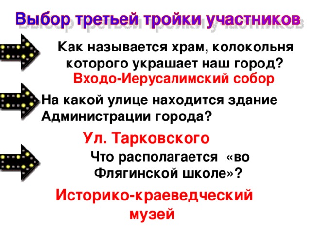 Как называется храм, колокольня которого украшает наш город? Входо-Иерусалимский собор  На какой улице находится здание Администрации города? Ул. Тарковского Что располагается «во Флягинской школе»? Историко-краеведческий музей