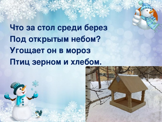 Что за стол среди берез Под открытым небом? Угощает он в мороз Птиц зерном и хлебом. 