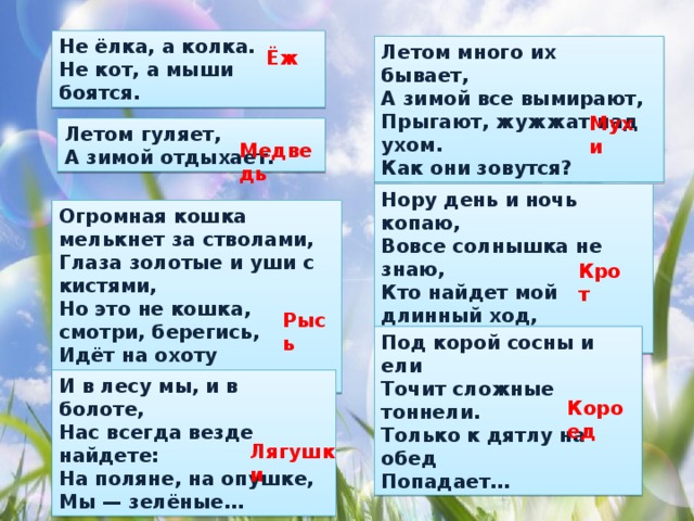 Не ёлка, а колка.   Не кот, а мыши боятся.  Летом много их бывает,   А зимой все вымирают,   Прыгают, жужжат над ухом.   Как они зовутся?  Ёж Мухи Летом гуляет,   А зимой отдыхает.  Медведь Нору день и ночь копаю,   Вовсе солнышка не знаю,   Кто найдет мой длинный ход,   Сразу скажет — это…  Огромная кошка мелькнет за стволами,   Глаза золотые и уши с кистями,   Но это не кошка, смотри, берегись,   Идёт на охоту коварная…  Крот Рысь Под корой сосны и ели   Точит сложные тоннели.   Только к дятлу на обед   Попадает…  И в лесу мы, и в болоте,   Нас всегда везде найдете:   На поляне, на опушке,   Мы — зелёные…  Короед Лягушки 