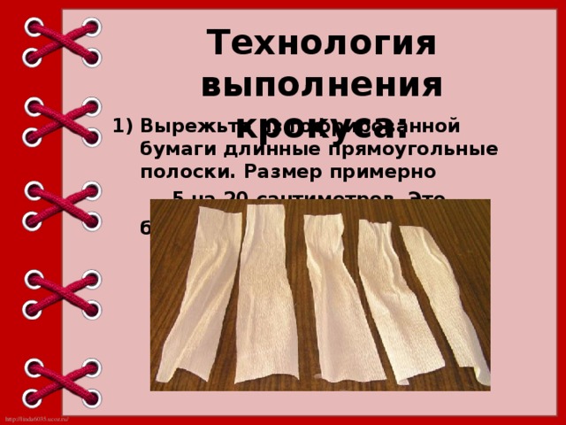 Технология выполнения крокуса: Вырежьте из гофрированной бумаги длинные прямоугольные полоски. Размер примерно   5 на 20 сантиметров. Это будущие лепестки . 