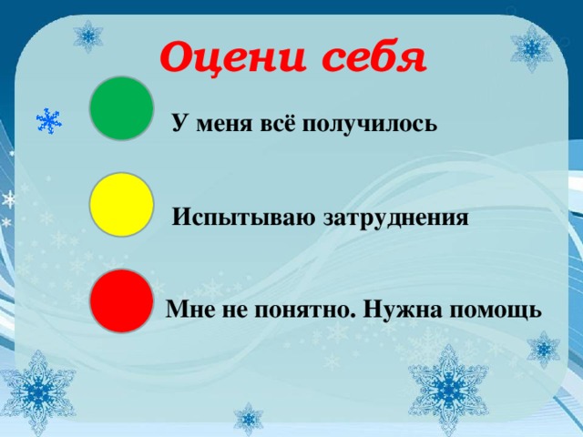 Оцени себя  У меня всё получилось   Испытываю затруднения    Мне не понятно. Нужна помощь