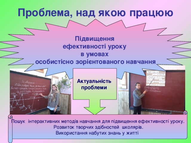 Проблема, над якою працюю Підвищення ефективності уроку в умовах особистісно зорієнтованого навчання Актуальність проблеми  Пошук інтерактивних методів навчання для підвищення ефективності уроку.  Розвиток творчих здібностей школярів. Використання набутих знань у житті 