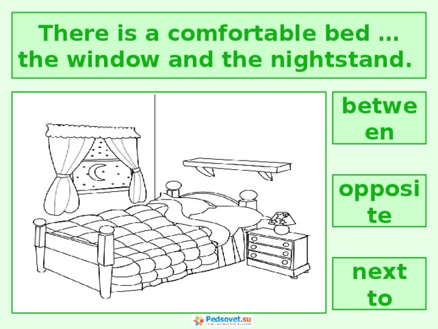 There is a comfortable bed … the window and the nightstand. between opposite next to