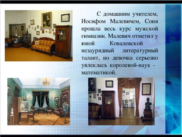  С домашним учителем, Иосифом Малевичем, Соня прошла весь курс мужской гимназии. Малевич отметил у юной Ковалевской незаурядный литературный талант, но девочка серьезно увлеклась королевой-наук - математикой. 