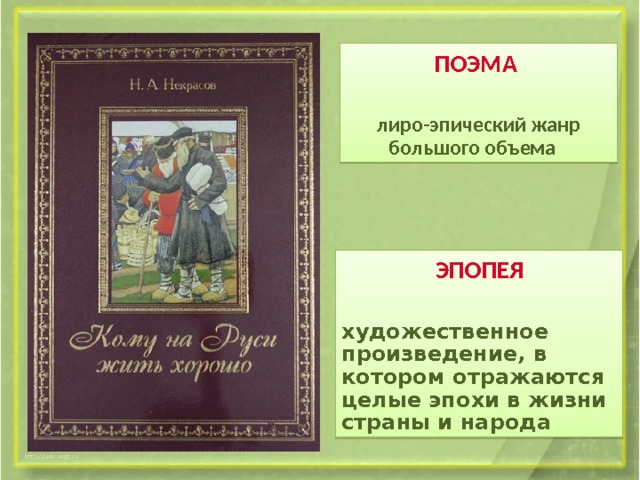 ПОЭМА лиро-эпический жанр большого объема     ЭПОПЕЯ художественное произведение, в котором отражаются целые эпохи в жизни страны и народа 