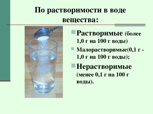 По растворимости в воде вещества: Растворимые (более 1,0 г на 100 г воды)  Малорастворимые(0,1 г - 1,0 г на 100 г воды);  Нерастворимые (менее 0,1 г на 100 г воды). 