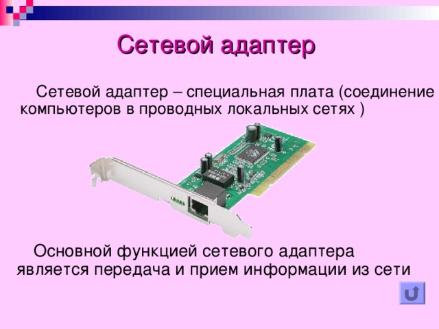 Сетевой адаптер  Сетевой адаптер – специальная плата (соединение компьютеров в проводных локальных сетях ) Основной функцией сетевого адаптера является передача и прием информации из сети 