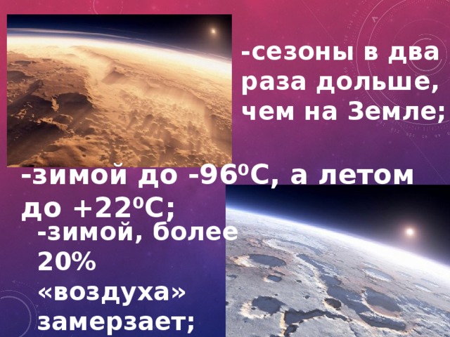 -сезоны в два раза дольше, чем на Земле; -зимой до -96⁰С, а летом до +22⁰С; -зимой, более 20% «воздуха» замерзает; 