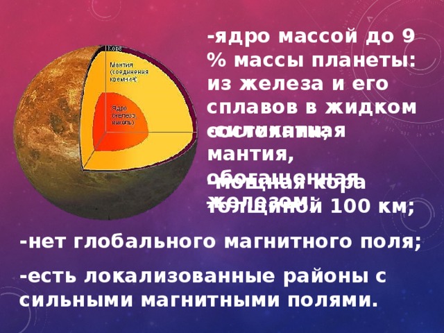 -ядро массой до 9 % массы планеты: из железа и его сплавов в жидком состоянии ; -силикатная мантия, обогащенная железом; -мощная кора толщиной 100 км; -нет глобального магнитного поля; -есть локализованные районы с сильными магнитными полями. 