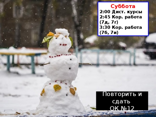 Суббота 2:00 Дист. курсы 2:45 Кор. работа (7д, 7г) 3:30 Кор. работа (7б, 7и) Повторить и сдать ОК №12 