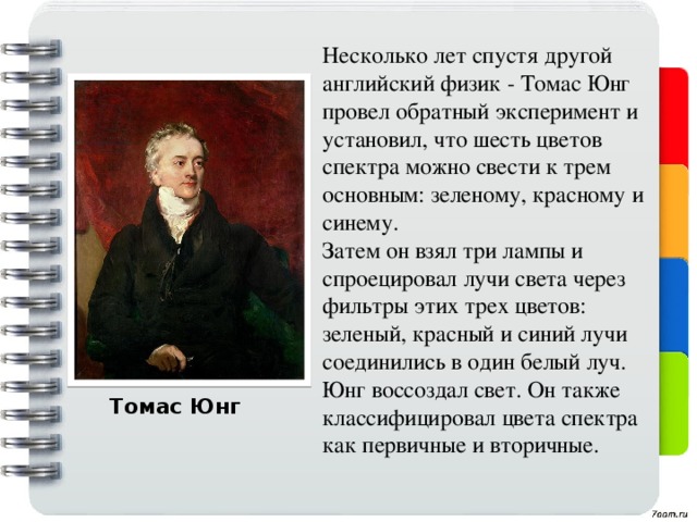 Несколько лет спустя другой английский физик - Томас Юнг провел обратный эксперимент и установил, что шесть цветов спектра можно свести к трем основным: зеленому, красному и синему. Затем он взял три лампы и спроецировал лучи света через фильтры этих трех цветов: зеленый, красный и синий лучи соединились в один белый луч. Юнг воссоздал свет. Он также классифицировал цвета спектра как первичные и вторичные. Томас Юнг