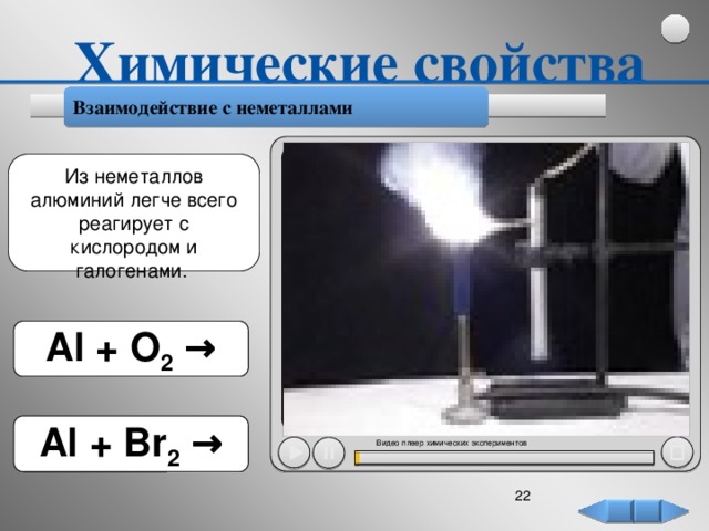 Химические свойства Взаимодействие с неметаллами Из неметаллов алюминий легче всего реагирует с кислородом и галогенами. 4Аl +3O 2 →2Al 2 O 3 Аl + O 2 → 2Аl +3Br 2 →2AlBr 3 Аl + Br 2 → Видео плеер химических экспериментов 22