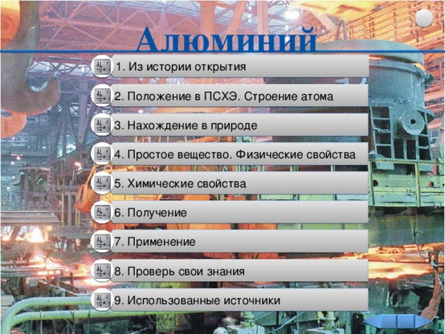 1. Из истории открытия 2. Положение в ПСХЭ. Строение атома 3. Нахождение в природе 4. Простое вещество. Физические свойства 5. Химические свойства 6. Получение 7. Применение 8. Проверь свои знания 9. Использованные источники Алюминий 3