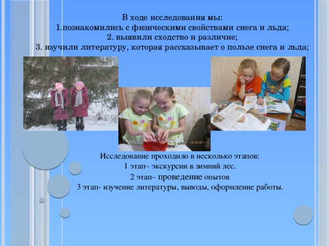 В ходе исследования мы: 1.познакомились с физическими свойствами снега и льда;  2. выявили сходство и различие;  3. изучили литературу, которая рассказывает о пользе снега и льда;   Исследование проходило в несколько этапов:  1 этап– экскурсии в зимний лес.  2 этап– проведение опытов  3 этап- изучение литературы, выводы, оформление работы. 